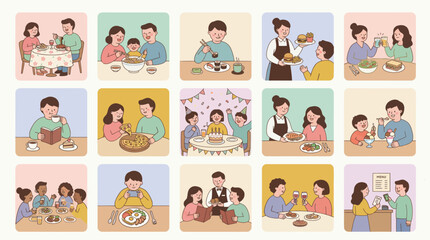 Fototapeta premium Family Dining Out, Various Meals, Happy People, Flat Cartoon Style