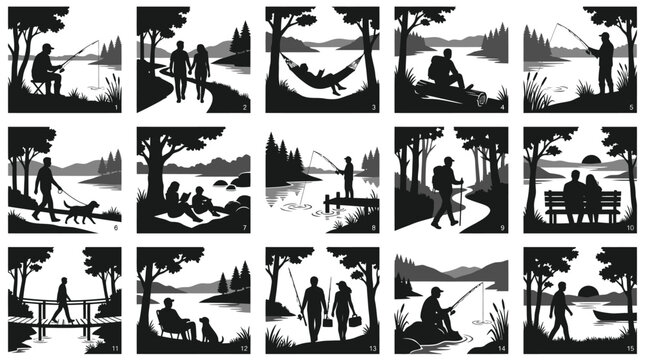 Outdoor Recreation Black and White Silhouette Vector Illustration Set: Nature Scenes with People