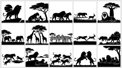 Obraz premium African Safari Wildlife Animals Black and White Silhouette Vector Icons Set