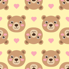 Obraz premium Seamless animal pattern featuring smiling faces of brown teddy bears and pink hearts on a yellow background