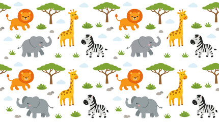 Obraz premium Cute Flat Cartoon Safari Animals Seamless Pattern Vector for Children's Design Textile
