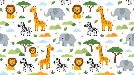 Obraz premium Cute Cartoon Safari Animals Pattern, Flat Style Vector Illustration