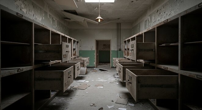 Abandoned filing room interior