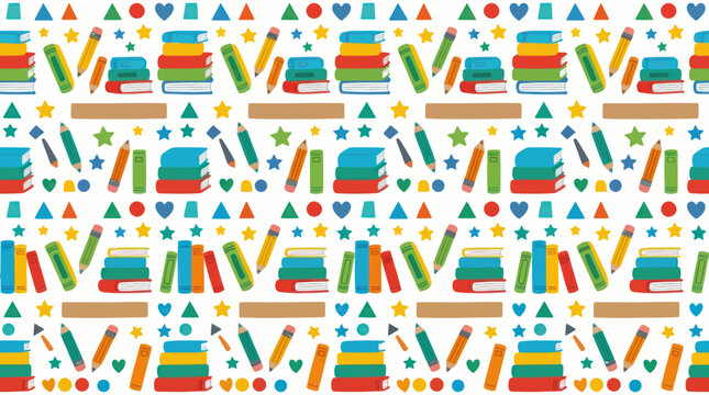 Education Learning Flat Books Pencils Stationery Seamless Pattern Vector Background