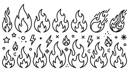 Collection of hand drawn fire flame icons and elements for design. © NAZMA