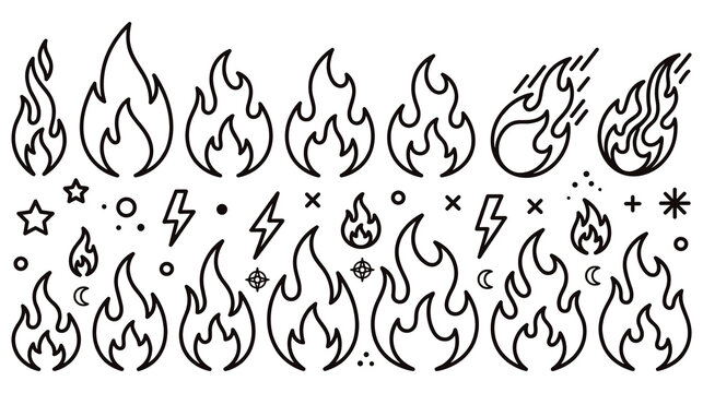 Collection of hand drawn fire flame icons and elements for design.