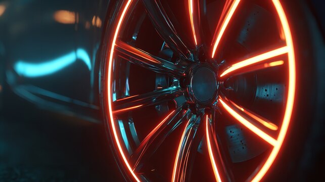 Close-up of a car wheel with vibrant orange neon lighting emitting a futuristic glow.