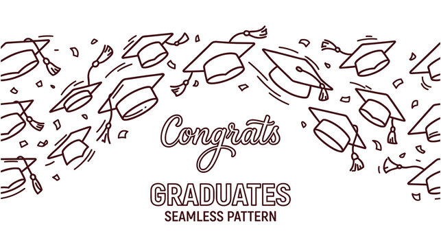 Graduation caps and confetti seamless pattern for congratulations.