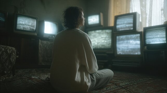 Woman sitting on floor surrounded by stacked old televisions in dimly lit vintage room. Media immersion and technology overload concept. Retro digital saturation and isolation theme in home interior.