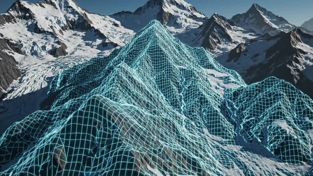 Futuristic 3D Wireframe Overlay on Snowy Mountain Peak Landscape