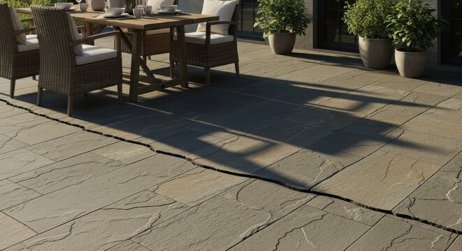 Textured slate paving stone floor with natural fissures and shadows in an outdoor patio setting