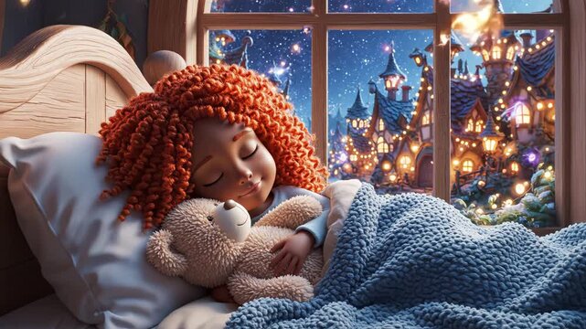 Child sleeping with teddy bear by window ideal for travel vlogs and eco-friendly campaigns