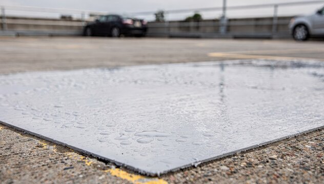 Medium shot showing test area of new waterproof coating on rooftop parking sharp focus on test patch blurred background of parking structure.