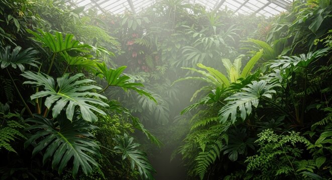 Lush Tropical Plants Flourish Within a Humid Greenhouse Interior