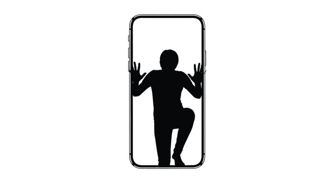 Silhouette of a person trapped inside a smartphone screen in this creative flat vector graphic illustration