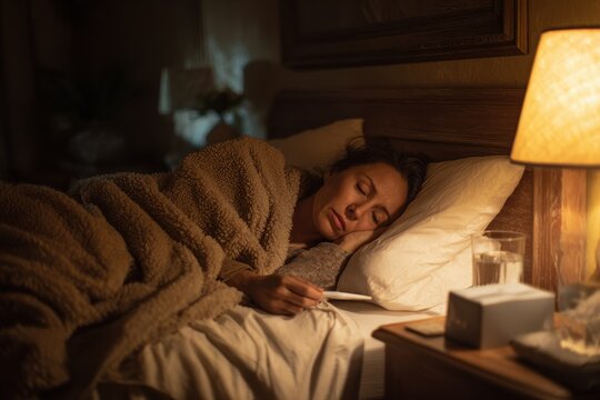 Adult patient resting in bed at home with fever, thermometer in hand, warm bedside light
