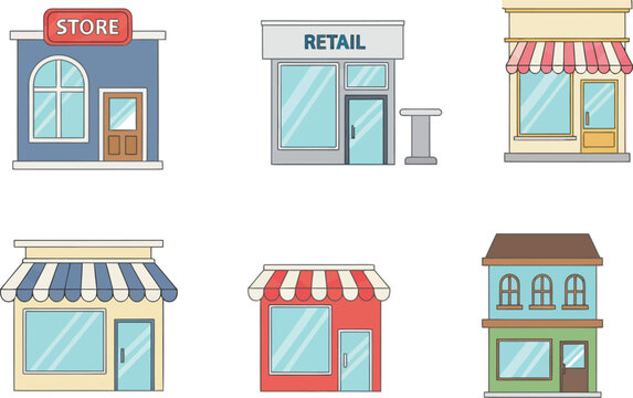 Shop storefront icon set. store, retail, boutique, market, awning, sales, small business. outline flat and colored vector illustration.