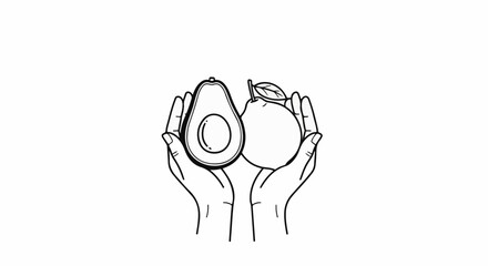 Obraz premium Two hands hold an avocado half and a whole citrus fruit