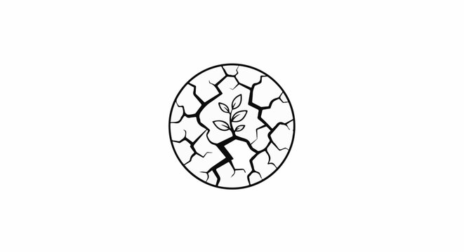 A small plant sprouts from cracked earth within a circle