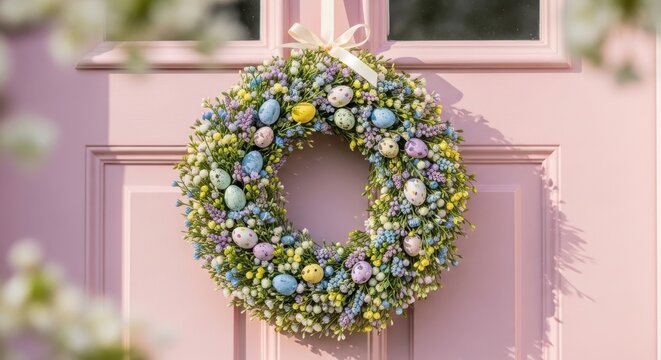 A pastel pink Easter wreath adorned with colorful eggs and spring flowers hangs on a front door