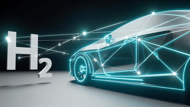 Futuristic hybrid visualization of a hydrogen car with glowing digital wireframe and 3D H2 symbol representing smart engineering and clean energy integration