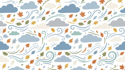 Obraz premium Autumn Fall Leaves Windy Sky Clouds Seamless Pattern Flat Style