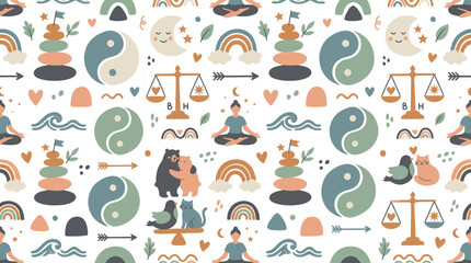 Fototapeta premium Wellness and Mindfulness Flat Illustration Pattern with Balance and Harmony Symbols