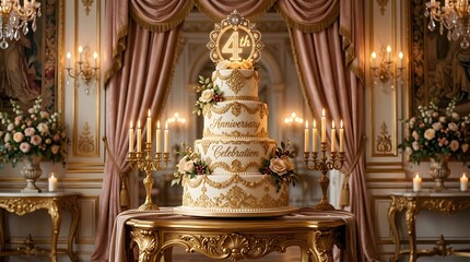 Obraz premium Elegant fourtier anniversary cake with gold decorations and candles in a luxurious ballroom setting