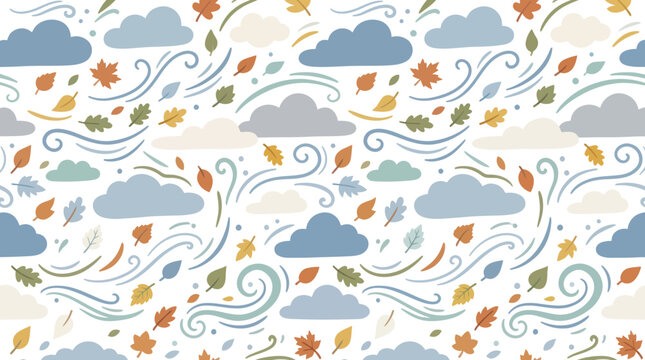 Autumn Fall Leaves Windy Sky Clouds Seamless Pattern Flat Style
