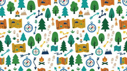Fototapeta premium Camping Adventure Seamless Pattern: Trees, Maps, Compass, Campfire
