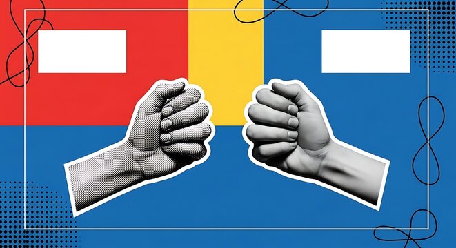 Two Fists Clenched Facing Each Other on a Colorful Abstract Background with Copy Space.