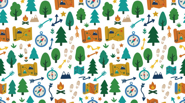Camping Adventure Seamless Pattern: Trees, Maps, Compass, Campfire