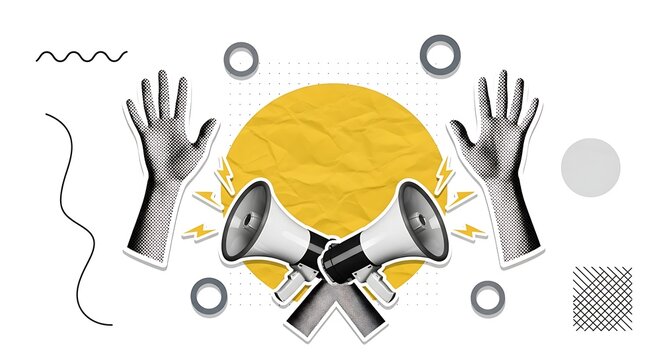 Two Megaphones and Raised Hands with Abstract Shapes and Yellow Circle.