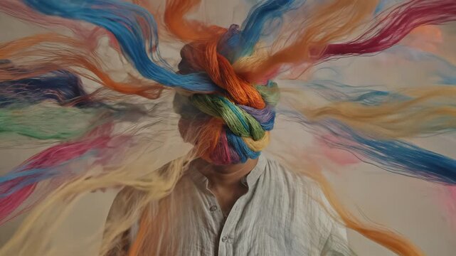 Person with colorful yarn covering face for creative digital media and visual arts
