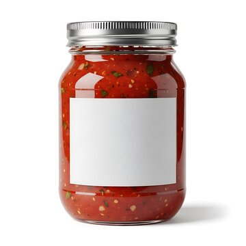 A glass jar filled with red salsa sauce and a blank empty label for branding on a clean and simple kitchen surface area