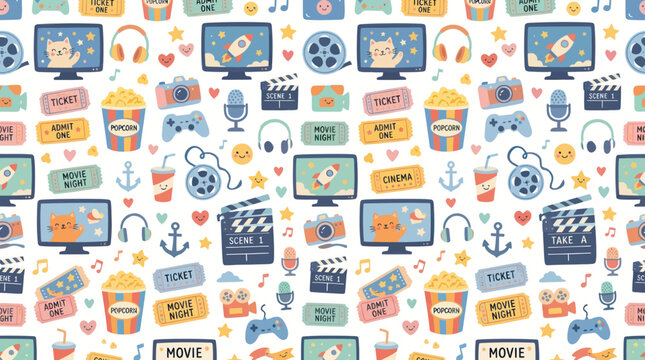 Cute Movie Night Seamless Pattern with Popcorn, Tickets, Cameras, and Film Reels