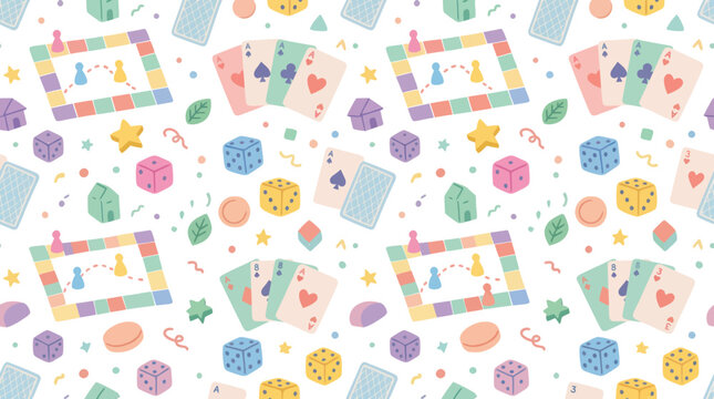 Cute Pastel Flat Board Games  Playing Cards Seamless Pattern Illustration for Games Hobby
