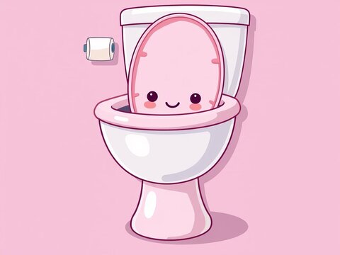 Whimsical illustration of a toilet bowl with a smiling face and kawaii pink color scheme, idealized, simple