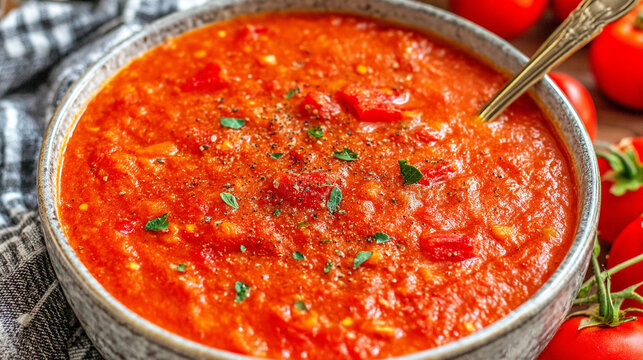 Close-up of hearty tomato soup in a bowl with fresh tomatoes comfort food dri