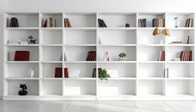 壁一面に広がる白い本棚に多数の棚が整然と並ぶ構図。
本は数冊のみ配置され、余白が際立つミニマルな印象。
均一な光が清潔感と静けさを演出し、整理された空間を表現。
インテリア、収納、ビジネス、広告に適した背景素材。