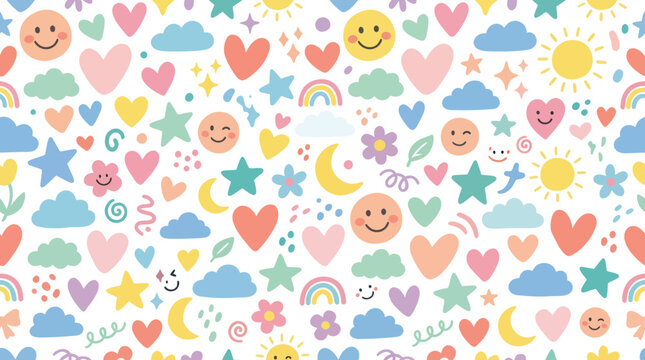 Cute Happy Clouds Hearts Sun Rainbows Stars  Moons Pattern
