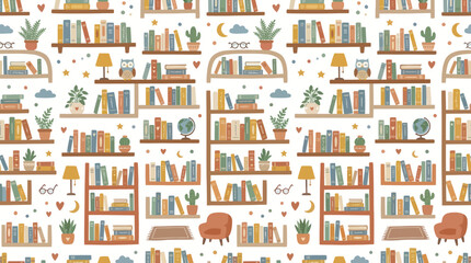 Fototapeta premium Cozy Bookshelves Flat Illustration Seamless Pattern - Education, Reading Home Library Decor