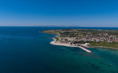 Fototapeta premium Aerial View of Seddulbahir Castle at Dardanelles Entrance in Canakkale Gallipoli Coast Turkey Ottoman Fortress