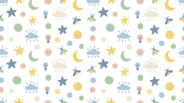 Seamless Pattern of Cute Children's Icons: Stars, Moons, Clouds, Fireflies