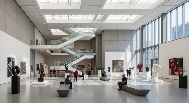 Modern art gallery interior with sculptures and people