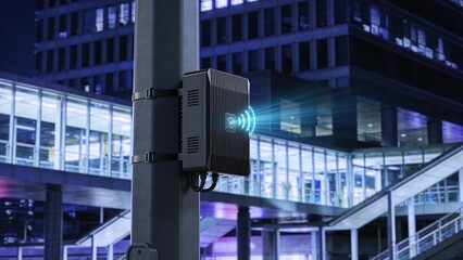 Sleek matte black outdoor edge computing node device attached to modern city pole with blue signal emission at night