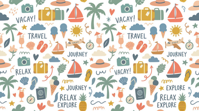 Travel Vacation Doodles Seamless Pattern, Flat Illustration Summer Holiday Elements Background