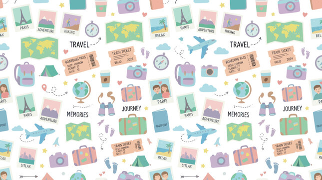 Cute Travel Seamless Pattern, Flat Style Vector Illustration