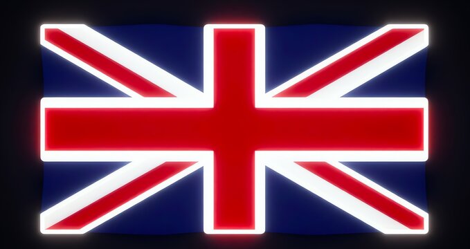 Vector illustration of United Kingdom flag formed from glowing neon edge lines, creating full flag structure with vibrant light effect, modern minimal style and clean copy space