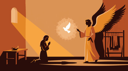 Obraz premium Beautiful religious vector illustration portraying the biblical annunciation scene where a divine winged angel visits virgin mary delivering a sacred message alongside a glowing white dove holy spirit
